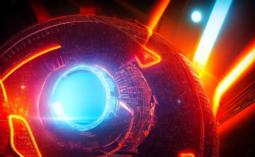 Image similar to hole in the center of planet earth, tron, close up bokeh hiperrealistic neon glow darkness dramatic neon, sharp focus, octane render, imax