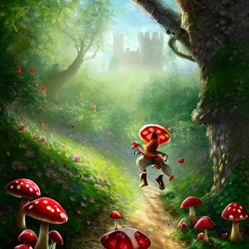 Image similar to portrait of Toad, running through a forest, in the Mushroom Kingdom, giant red and white spotted mushrooms, and roses, from behind, Castle in distance, birds in the sky, sunlight and rays of light shining through trees, beautiful, solarpunk!!!, highly detailed, digital painting by Michael Garmash and Peter Mohrbacher