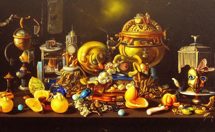 Image similar to beautiful colorful oil painting dutch golden age vanitas still life with gorgeous futuristic objects shiny transparent surfaces shiny metal devices insect nanotech rachel ruysch dali todd schorr very detailed perfect composition rule of thirds masterpiece chiaroscuro canon 5 0 mm, cinematic lighting, photography, retro, film, kodachrome