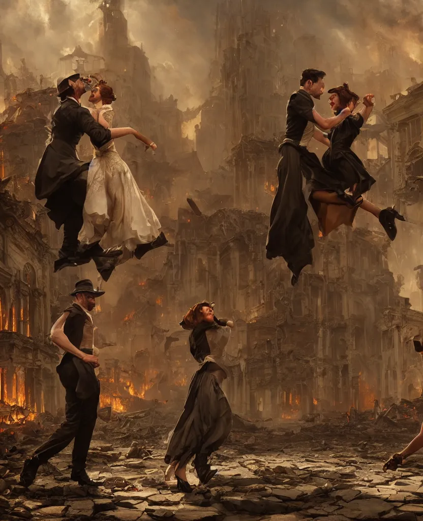 Image similar to concept art of one couple dancing in the middle of ruins of a victorian city surronded by fire by j. c. leyendecker, wlop, ruins, dramatic, octane render, epic painting, extremely detailed, 8 k