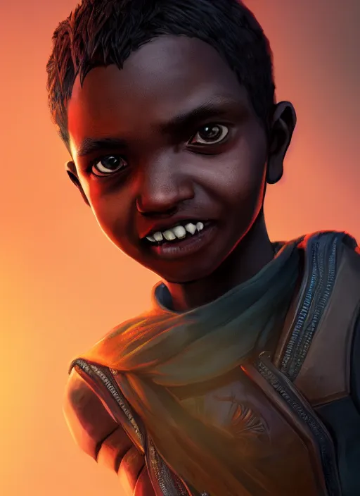 Image similar to An epic fantasy comic book style portrait painting of a small dark skinned boy thief, unreal 5, DAZ, hyperrealistic, octane render, cosplay, RPG portrait, dynamic lighting