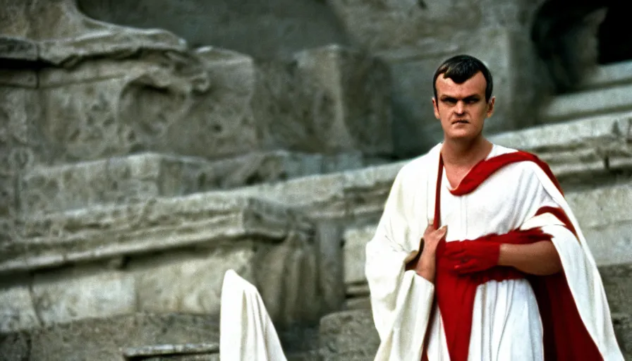 Image similar to 1 9 6 0 s movie still close - up of caligula in a white toga stabbed to death on ancient amphitheater's stairs, cinestill 8 0 0 t 3 5 mm, high quality, heavy grain, high detail, dramatic light, anamorphic, blood