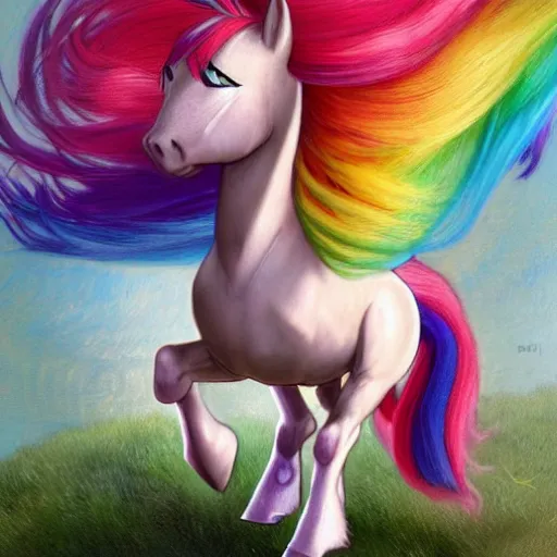 Image similar to portrait of a menacing beautiful Rainbow Dash, short muzz, pegasus pony mare, top half of body, My Little Pony, by Stanley Artgerm Lau , greg rutkowski, thomas kindkade, alphonse mucha, loish, norman rockwell, J. C. Leyendecker. bright rainbow mane, pastel blue fur, angry complexion, beautiful detailed eyes, black rose frame. D&D, fantasy. Trending on artstation rule of thirds extremely detailed old illustration hd 4k