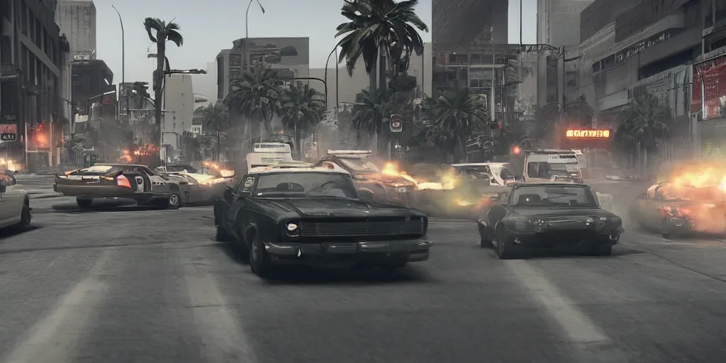 Image similar to movie still 35mm film photograph of a action movie car chase scene in downtown Los Santos, in style of Christopher Nolan, f8 aperture, cinematic Eastman 5384 film