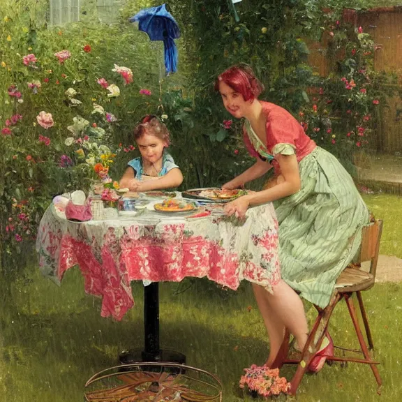 Prompt: a housewife and her daughter putting dishes on a table in the backyard, a tilted parasol sits above the table, a garden with colorful flowers in the background, rainy scene, cozy 1 9 5 0's, medium symmetry, by greg rutkowski, by ilya repin, extreme detail, 8 k, intricate abstract, photorealistic