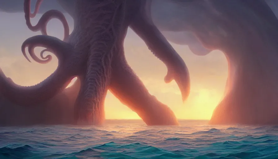 Image similar to A highly detailed matte painting of huge Cthulhu in the ocean, by Studio Ghibli, Makoto Shinkai, by Artgerm, by beeple, volumetric lighting, octane render, 4K resolution, trending on artstation, masterpiece