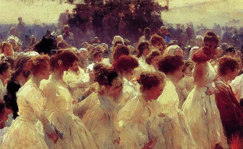 Image similar to high quality high detail painting by ilya repin, huge line of people fading into the background, hd