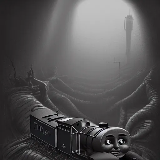 Image similar to thomas the tank engine in style of zdzisław beksinski, extremely dramatic lighting, 8 k, tendrils, black, darkness, black slime tendrils, infected, rust, body horror, thomas the train, thomas the tank engine face, horror,