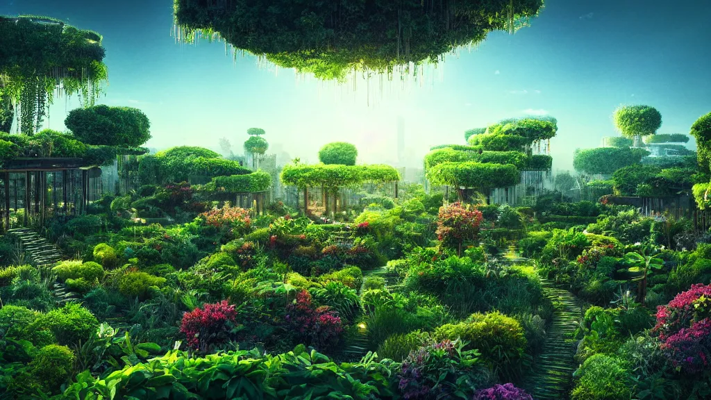 Image similar to babylon sky garden, rising series layered garden, shrubs and vines, dramatic lighting, epic composition, wide angle, wild breathing, jonas drow and beeple and studio ghibli style, in artstation hdr, wild breathing, c 4 d rendering