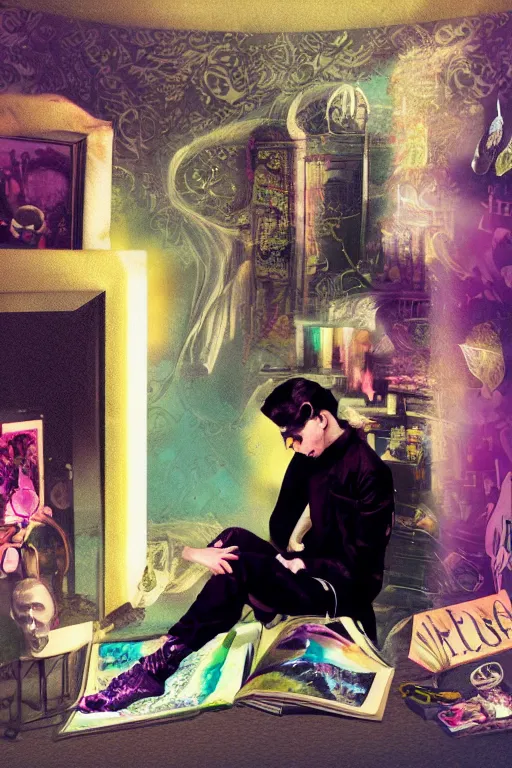 Image similar to goth guy sitting on the floor of a cluttered 9 0 s bedroom reading a book by rolf armstrong, vaporwave colors, lo - fi, 4 k, hd,