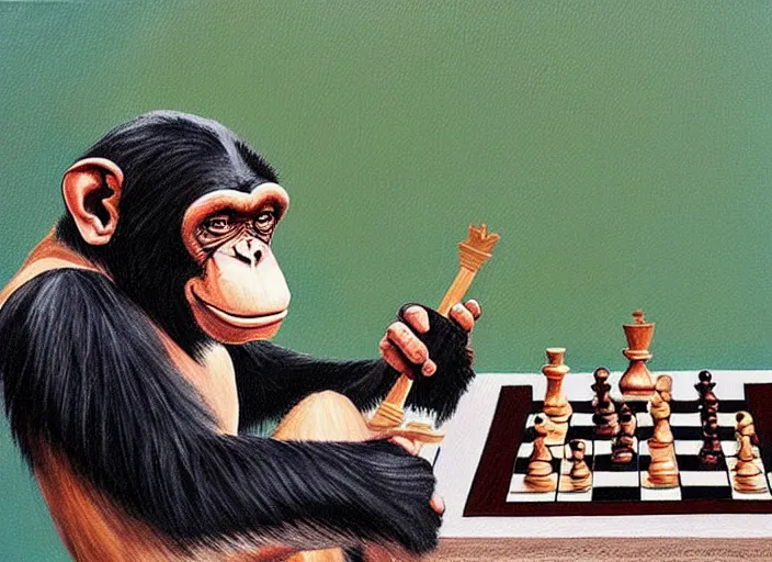 Image similar to a painting of a chimp playing chess in the style of donald roller wilson