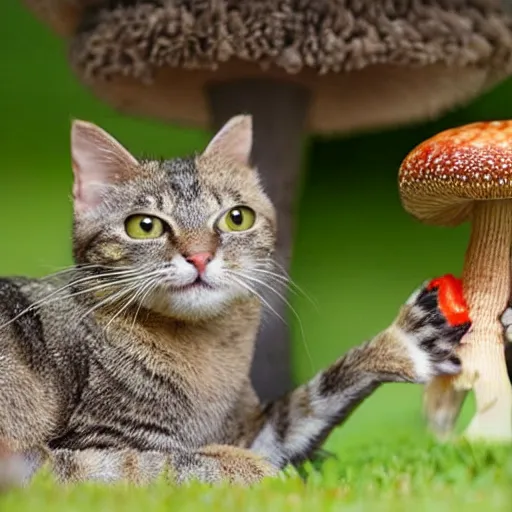 Image similar to a small domestic housecat with a fruiting mushroom growing atop its head