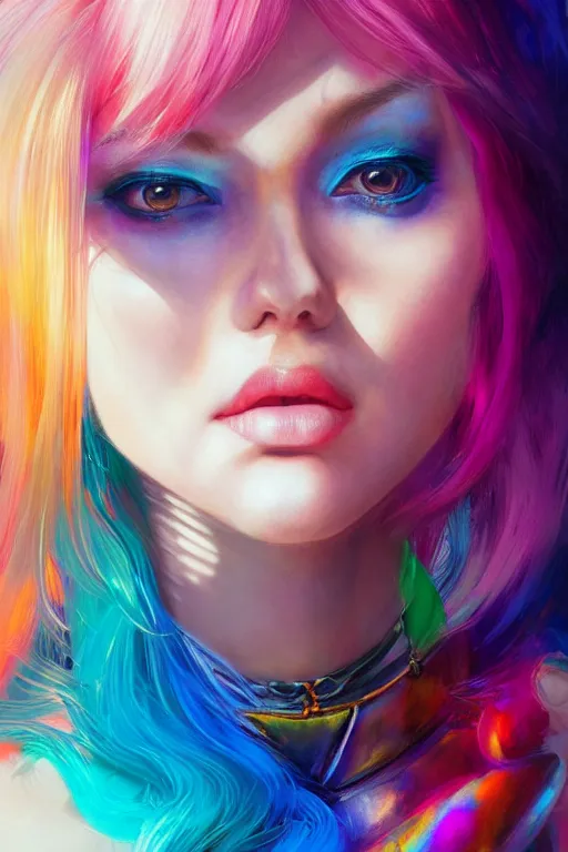 Image similar to chromatic goddess of colors, d & d, full body portrait, mixed media, seductive look, chromatic aberration, hyper realistic, highly detailed, headshot, digital painting, trending on artstation, concept art, sharp focus, illustration, art by wlop and artgerm and greg rutkowski and ayami kojima