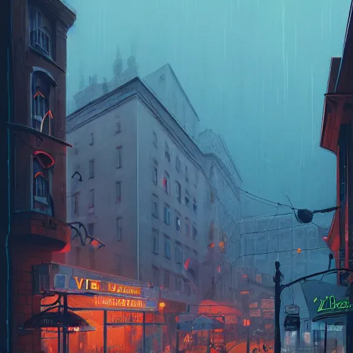 Image similar to movie scene of a downtown, lviv, a very misty day, a neon sign, by ian mcque ferdinand knab, makoto shinkai and lois van baarle, artgerm, pixar, ilya kuvshinov,, tom bagshaw, global illumination