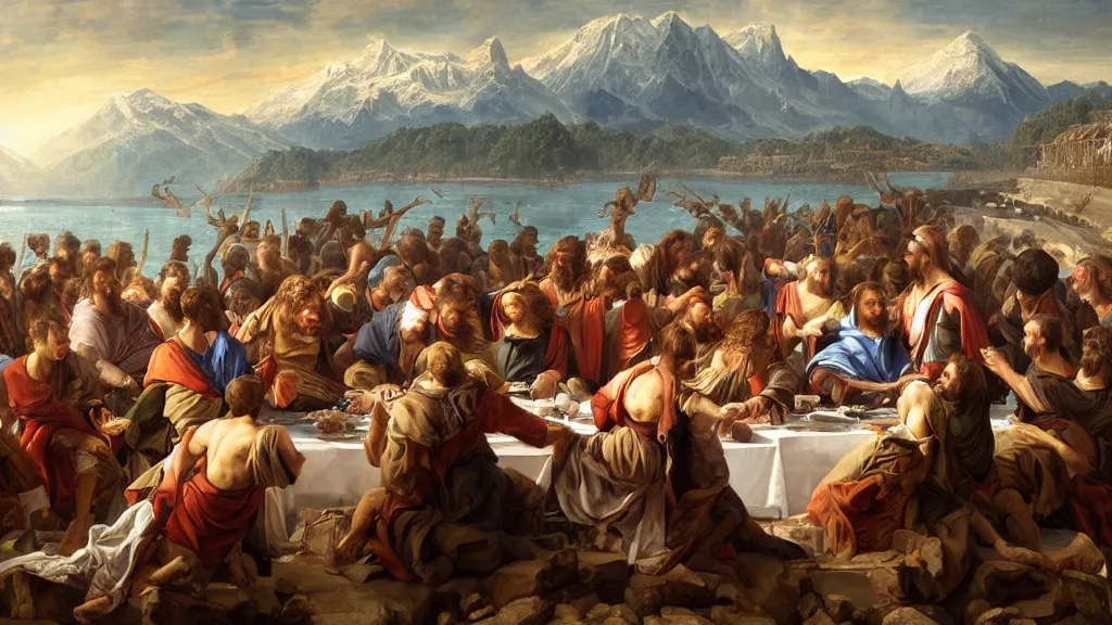 Prompt: a mix between the last supper and the raft of the medusa, with the mountains from napoleon crossing the alps in the back, sunny morning, matte painting, oil canvas, photorealistic illustration, extreme detail, hyper realistic, highly detailed, digital art