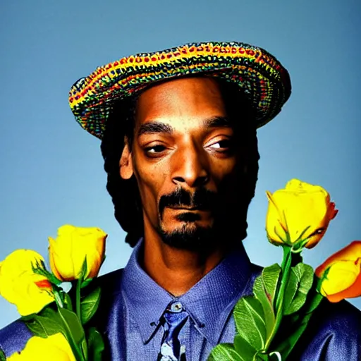 Prompt: Snoop Dogg wearing a sombrero while holding a Vase of flowers for a 1990s sitcom tv show, Studio Photograph, portrait, C 12.0