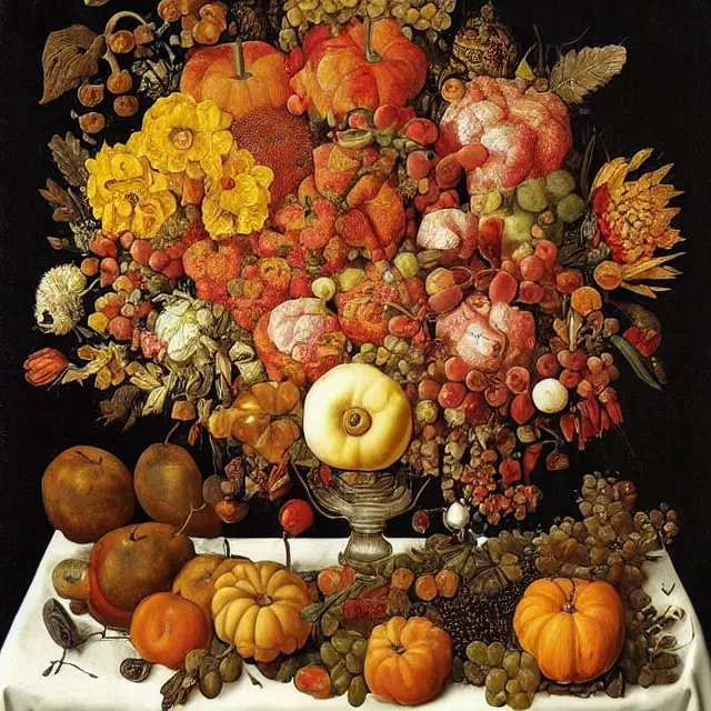 Prompt: thanksgiving supper, flowers and fruit on a wooden table, black background!, still life by giuseppe arcimboldo, vanitas!!, pinterest, maximalist, intricate high detail masterpiece