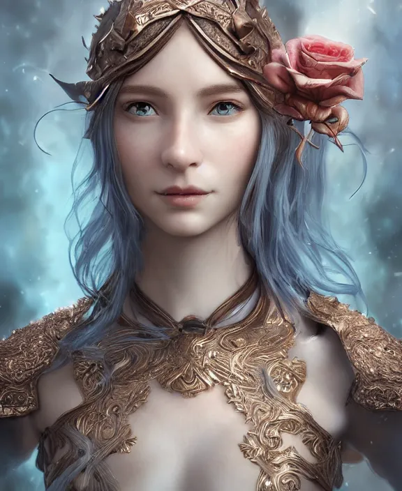 Image similar to a beautiful and highly detailed digital portrait of a dignified elf with long blue windswept hair in a rose gold breastplate by artgerm, nina tryggvadottir, and lu ji, centered, artsation contest winner, cgsociety, fantasy art, cryengine, concept art, photorealism, daz 3 d, sketchfab, zbrush, vray