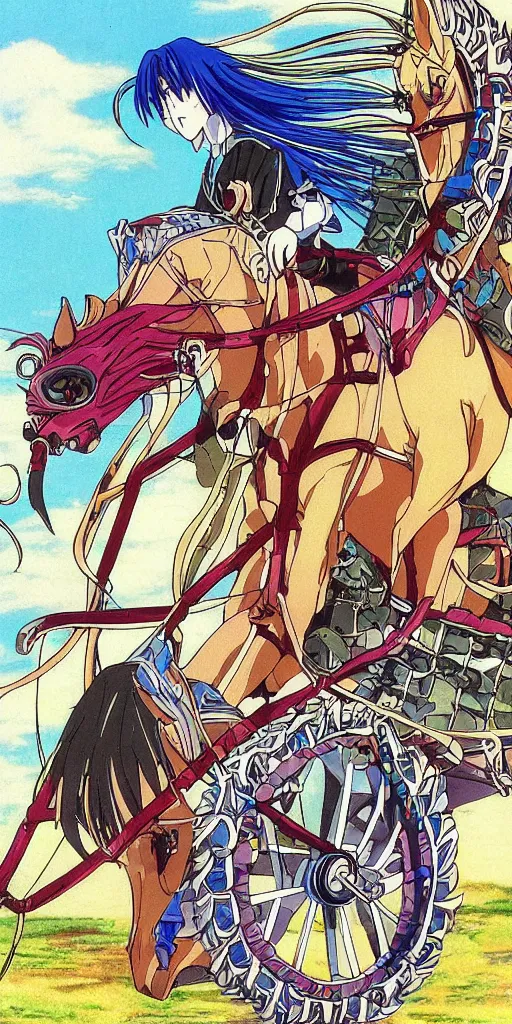 Image similar to a chariot drawn by horse in japan, 1990s anime, full color,