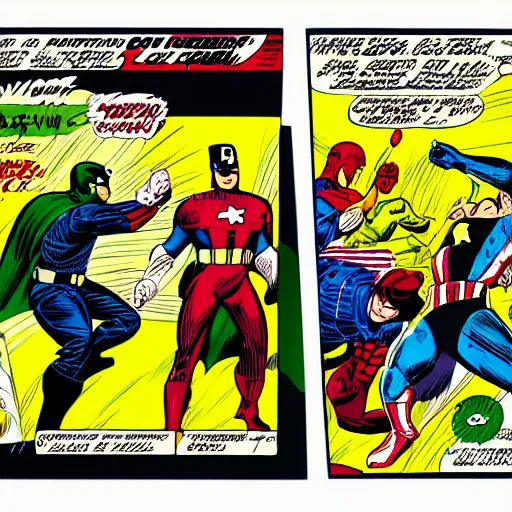 Image similar to comic book pane of Captain America, arresting the Batman, silver age of comics, Jack kirby illustration