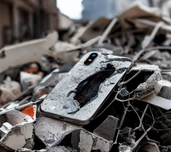Prompt: an iPhone smartphone in the rubble, ruins.