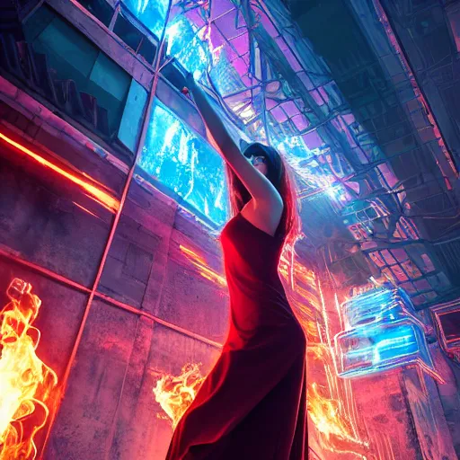 Image similar to a girl like yoona, casting fire spell, background cyberpunk spaceship, full shot, photo, geometries, Fibonacci volumetric lighting, epic composition, intricate details, dark neon punk, by denis villeneuve