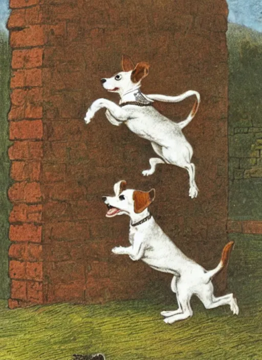 Image similar to jack russel terrier jumping off of brick structure, illustrated by peggy fortnum and beatrix potter and sir john tenniel