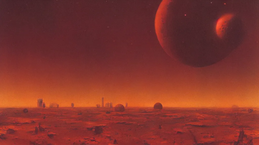 Prompt: mars colony by paul lehr and john schoenherr, cinematic matte painting