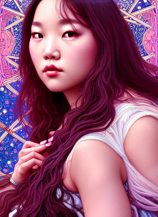 Prompt: roseanne of blackpink, tarot card, highly detailed, digital painting, smooth, sharp focus, illustration, ultra realistic, 8 k, art by artgerm and alphonse mucha