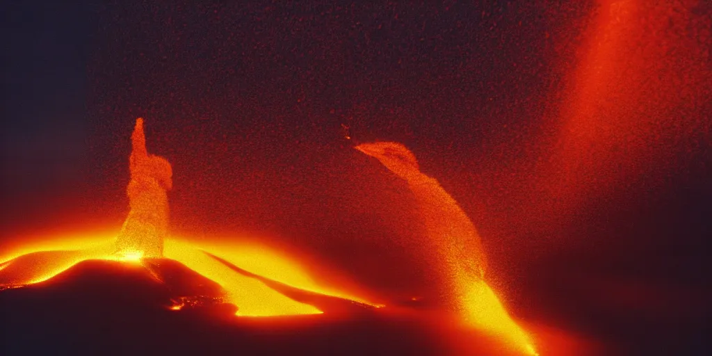 Image similar to A William Eggelston photograph of a translucent jet of lava violently erupting into space, insanely detailed octane render, luminous lava, a single jet of lava reaching to the sky, Icelandic volcanic landscape, cinematic film grain