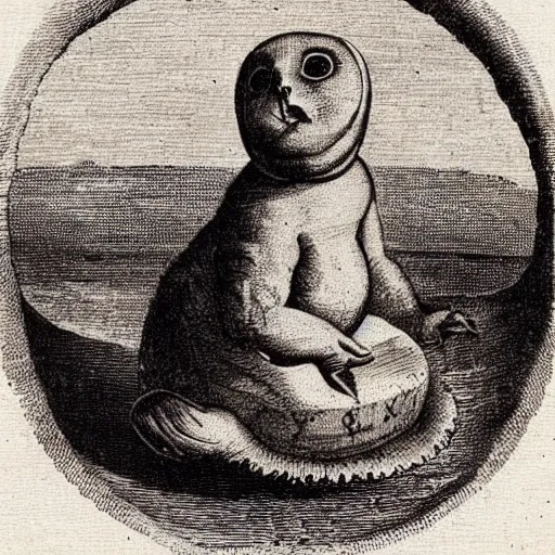 Image similar to “engraving of a baby seal pirate, 1700s”