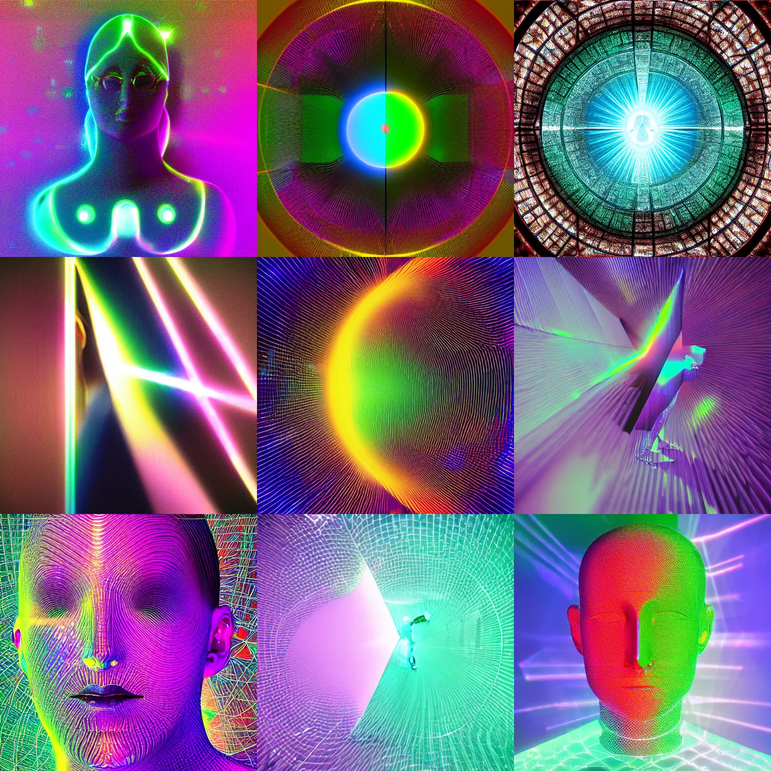 Prompt: “Uwu the prismatic person, matrix math embodied, refracted light, caustics, light rays shining through, 4k photo”