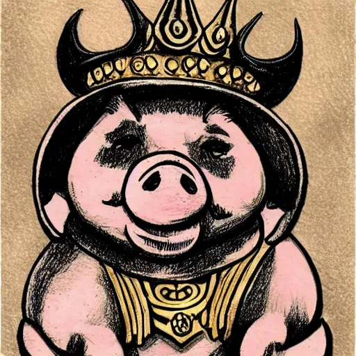 Image similar to a drawing of pig wearing a gold crown in the style of jack kirby