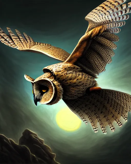 Image similar to an extremely detailed masterpiece painting of a fammulated owl in flight, in the style of brian froud, brian despain, brian bolland, digital art, unreal engine, volumetric lighting, dark moody lighting, trending on artstation, photorealistic, epic scene