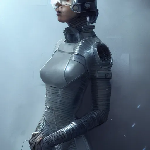 Image similar to a gorgeous woman wearing a dystopian futuristic dress, science fiction, concept art, trending on Artstation, Cgsociety, detailed, full body, cinematic lighting