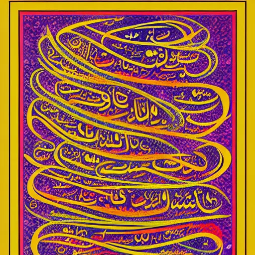 Image similar to arabian calligraphic, colorful with gold details