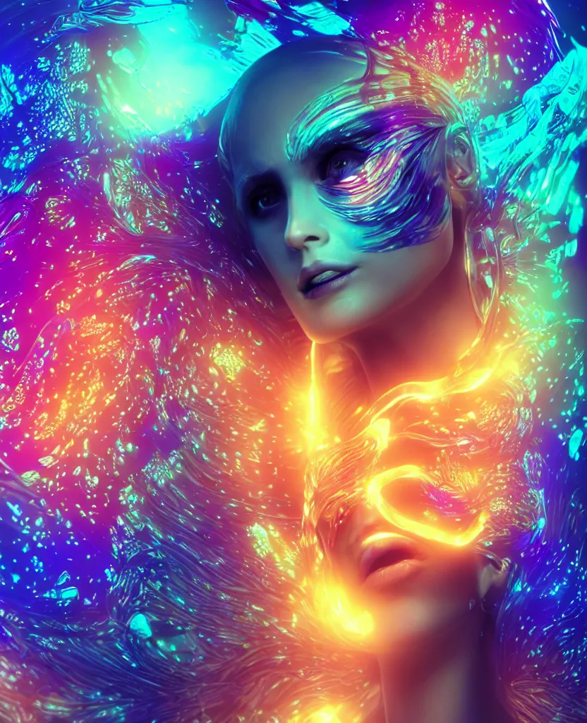 Image similar to dichroic close-up macro portrait of the face of a beautiful princess, epic angle and pose, symmetrical artwork, 3d with depth of field, blurred background, cybernetic jellyfish female face skull phoenix bird, translucent, nautilus, energy flows of water and fire. a highly detailed epic cinematic concept art CG render. made in Maya, Blender and Photoshop, octane render, excellent composition, cinematic dystopian brutalist atmosphere, dynamic dramatic cinematic lighting, aesthetic, very inspirational, arthouse. y Greg Rutkowski, Ilya Kuvshinov, WLOP, Stanley Artgerm Lau, Ruan Jia and Fenghua Zhong