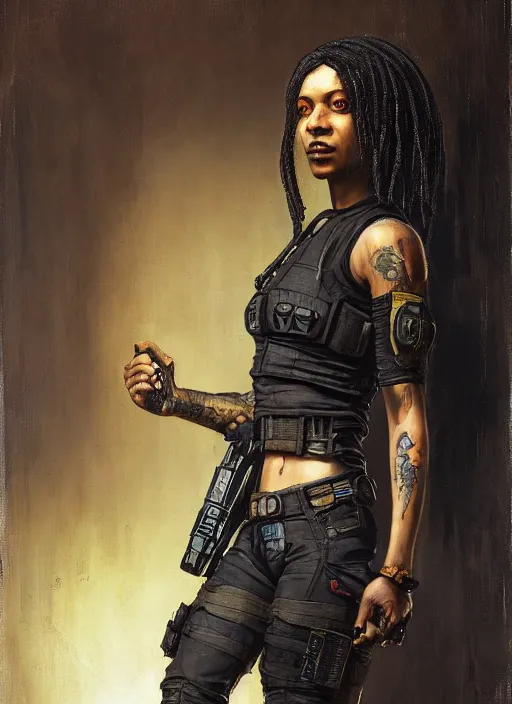 Image similar to maria igwe. cyberpunk mercenary with tattoos wearing a military vest and combat jumpsuit. (Cyberpunk 2077, bladerunner 2049). Iranian orientalist portrait by john william waterhouse and Edwin Longsden Long and Theodore Ralli and Nasreddine Dinet, oil on canvas. Cinematic, hyper realism, realistic proportions, dramatic lighting, high detail 4k