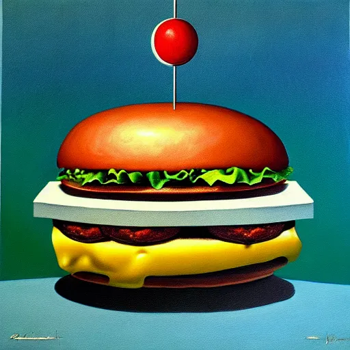 Image similar to painting of a burger with a mouth in the style of beksinski