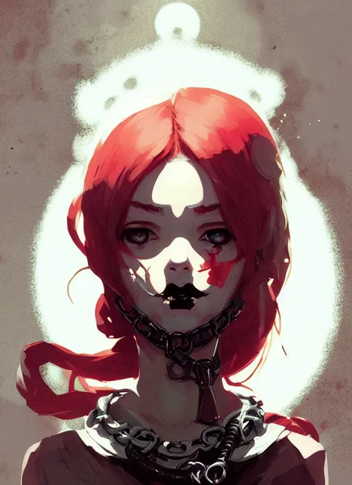 Image similar to portrait of cute gothic psyker girl chained, warhammer 4 0 k, by atey ghailan, by greg rutkowski, by greg tocchini, by james gilleard, by joe gb fenton, by in kaethe butcher, dynamic lighting, gradient light red, brown, blonde cream and white color in scheme, grunge aesthetic