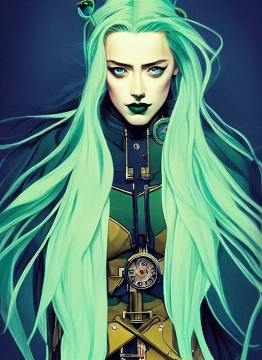 Prompt: style artgerm, joshua middleton, amber heard with green dress, very long blue hair, symmetrical face, symmetrical eyes, steampunk western gunslinger with cyborg arm, cinematic lighting