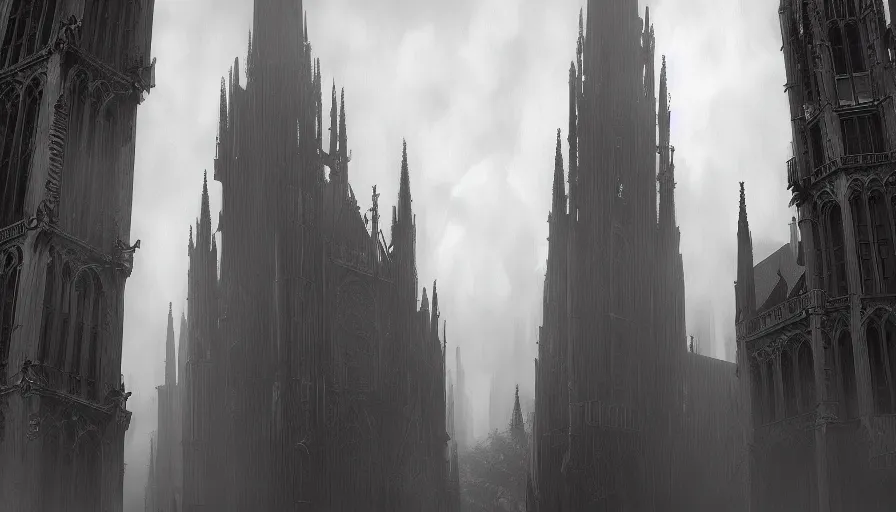 Prompt: strees view of neo - gothic brussels, fog, hyperdetailed, artstation, cgsociety, 8 k