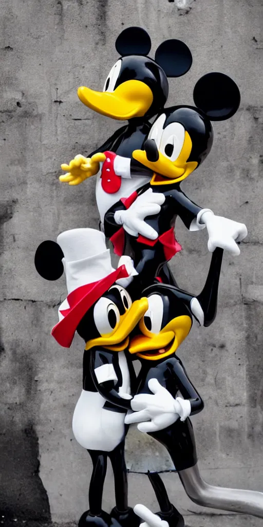 Image similar to close shot of donald duck and mickey mouse wearing latex outfits in front of berghain, berlin style, photography by sven marquardt, highly detailed, photorealistic, 4 k