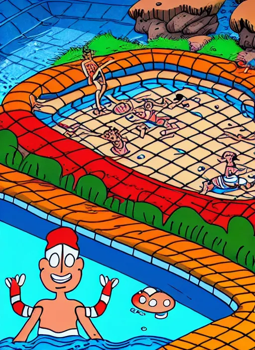 Prompt: intricate Waldo from Where's Waldo, in the water, on the background of a weird magical swimming pool. Very detailed 8k. Fantasy. Sharp. Cinematic post-processing