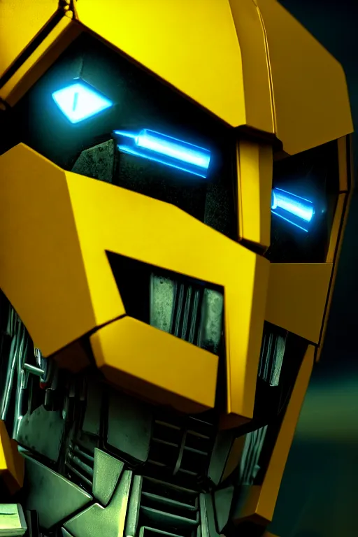 Image similar to a cinematic still from film transformers series, yellow mech, humanoid servo, octane render, nvidia raytracing demo, masterpiece, aged armor plating, aggressive head,