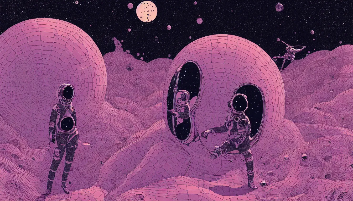 Image similar to hot woman in a space suit floating through space by nicolas delort, moebius, victo ngai, josan gonzalez, kilian eng