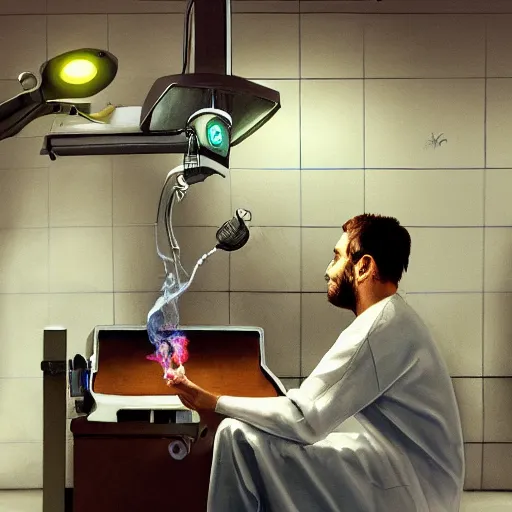 Image similar to surgeon in operation room smoking a bong, photorealistic painting, fanart, concept art, highly detailed