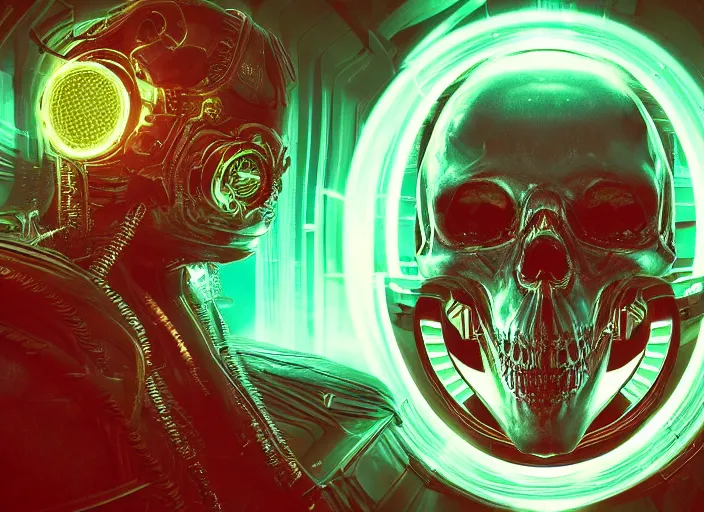 Prompt: a futuristic skull with glowing eyes and a wormhole tunnel, cyberpunk art by android jones, artstation hd, computer art, darksynth, synthwave glitchcore art, rendered in cinema 4 d