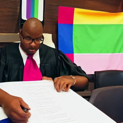 Prompt: “a photo of an LGBTQ activist judge at work”