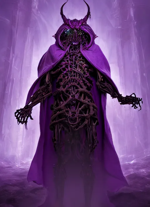 Prompt: character and environment design, ( ( biomechanical ) ) archanist covered in otherworldly dreamy purple magic, tattered!!! robe and hood, blue light, fog, scary, arrogant, hostile, photorealistic, cinematic, hyper realistic, octane render, 8 k, wide angle